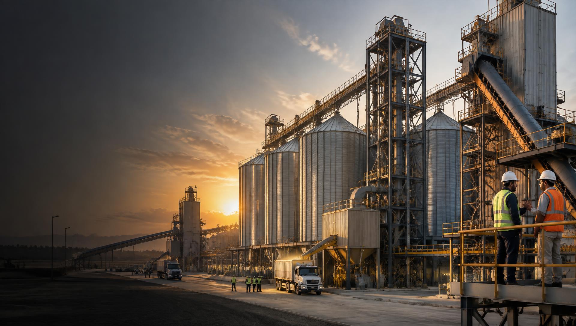 Large grain processing plant, silos and conveyor machinery