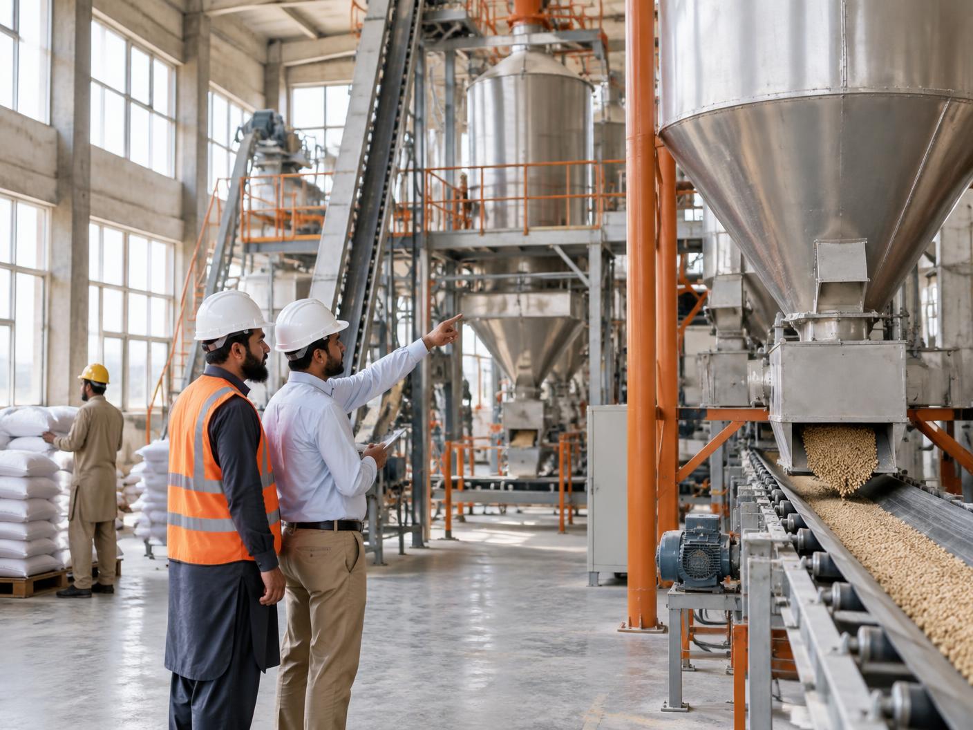 Engineers inspecting rice mill processing machinery